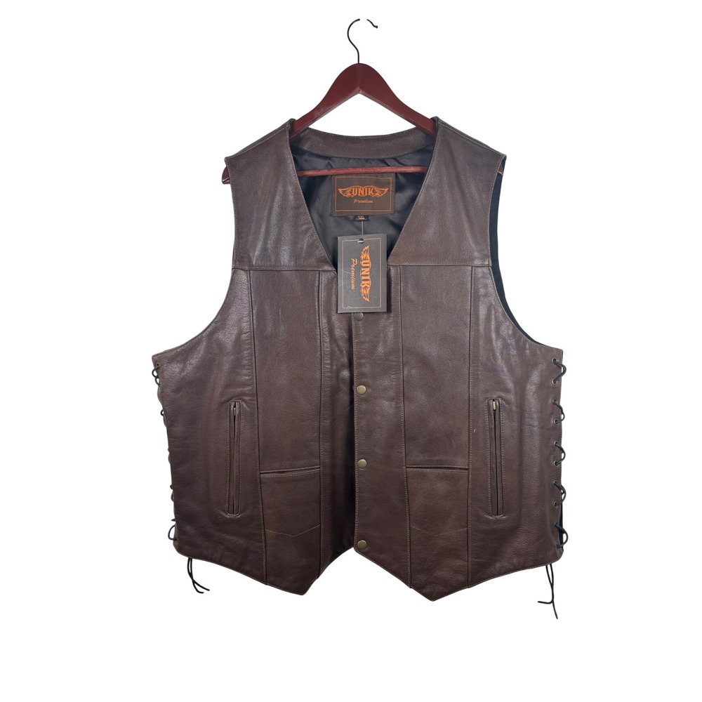 UNIK Leather Vest 4XL Brown Biker Concealed Carry Side Lace Snap Front NEW